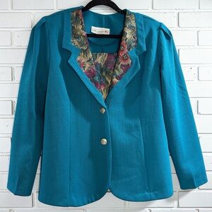 Vintage 90s Teal Blazer Floral Lapel Petite 14 Career Chic Cottagecore Jacket